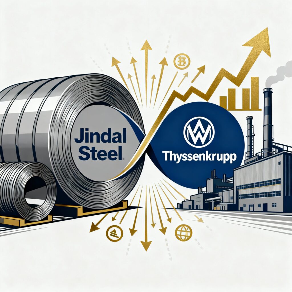Jindal Steel and Thyssenkrupp logos merging with steel factory background, symbolizing merger talks and investor opportunities.