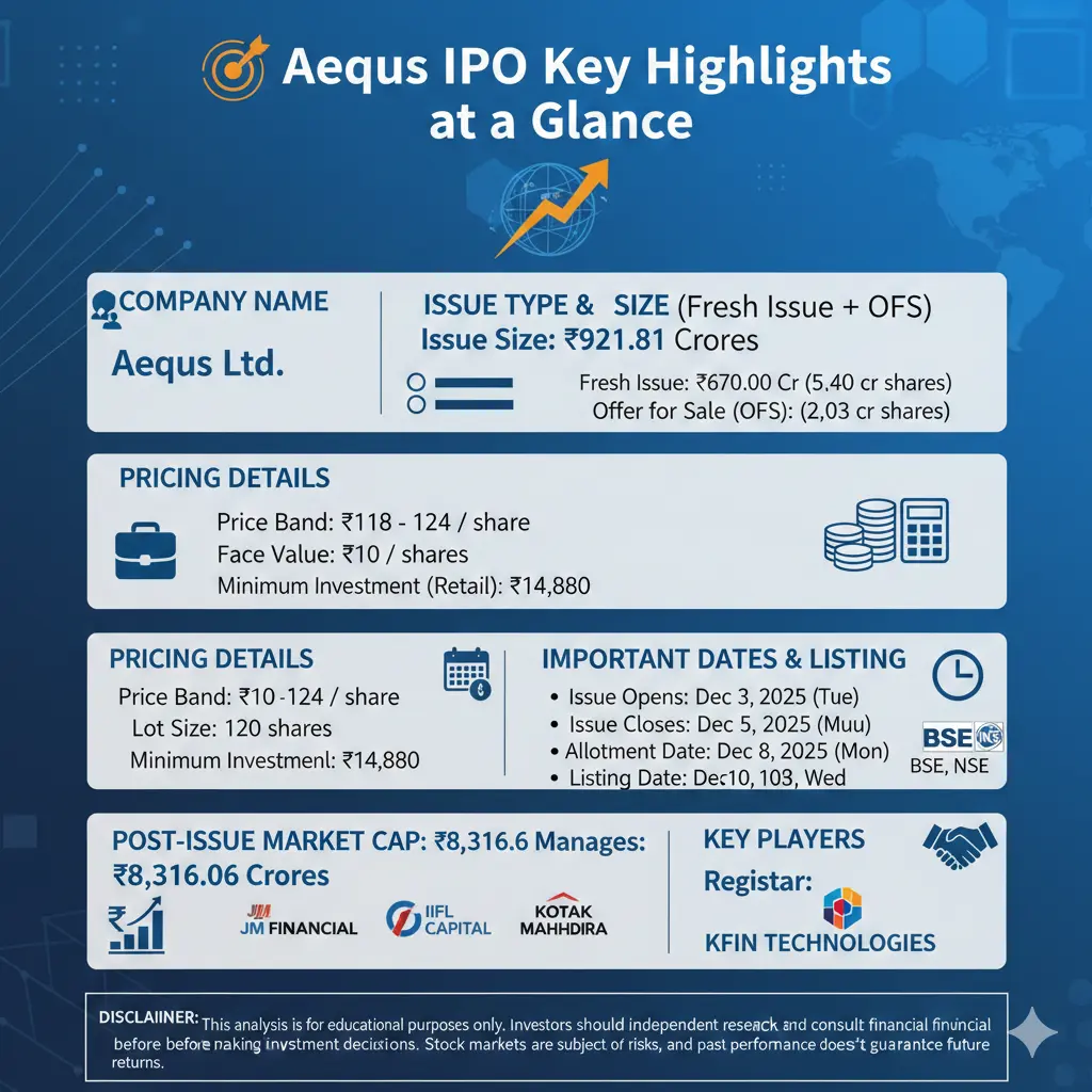 Aequs IPO Key Highlights Infographic: Aequs Ltd. IPO key highlights at a glance – ₹922 Cr book-built issue opens Dec 3, price band ₹118-124, listing BSE/NSE Dec 10