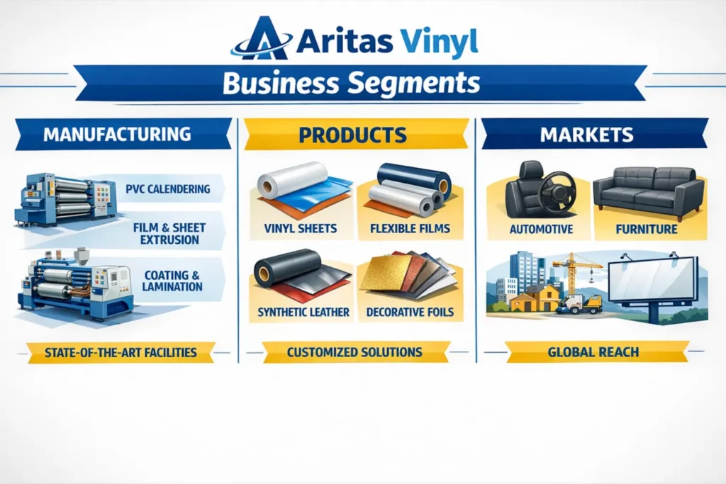 Infographic-style visual showing Aritas Vinyl's business segments (manufacturing, products, markets)
