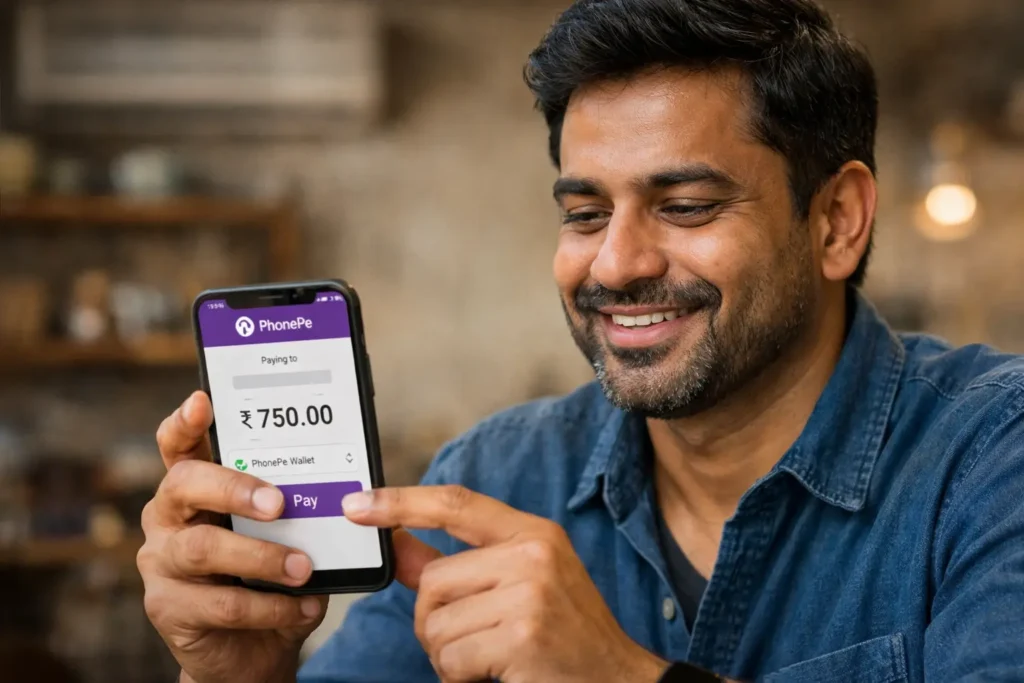 Close-up of Indian consumer making UPI payment on smartphone with PhonePe