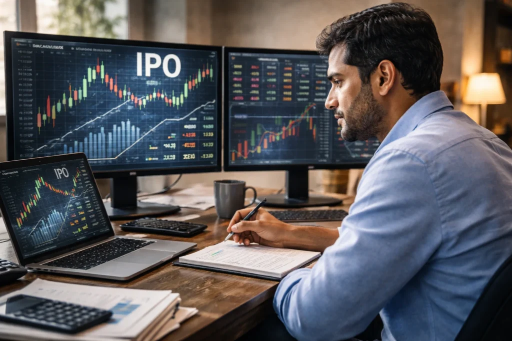 What is IPO Grey Market Premium (GMP)? Complete Guide 2026 | IPOGMPINDIA Image Of Professional investor reviewing multiple screens with IPO data