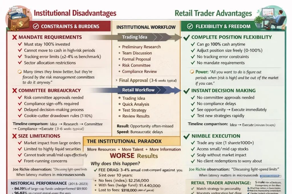 Comparison infographic showing retail trader advantages vs. institutional constraints