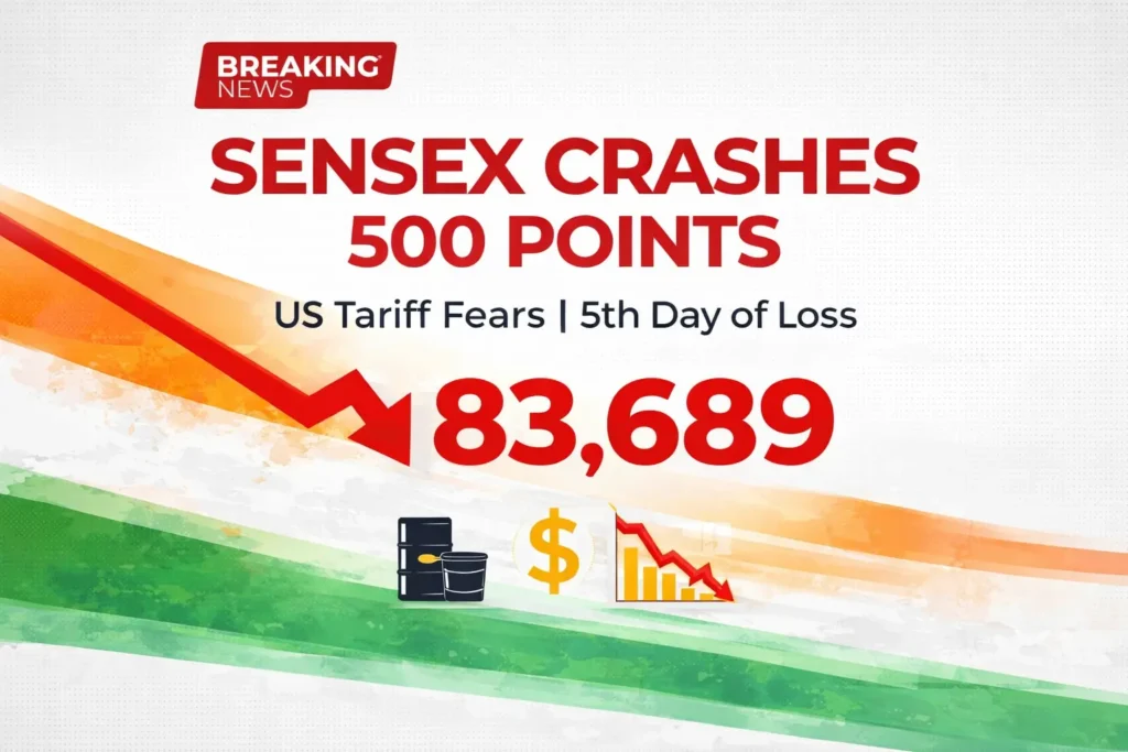 Sensex Falls 500 Points, Nifty Near 25,700 US Tariff Concerns Trigger Fifth Consecutive Market Decline Image