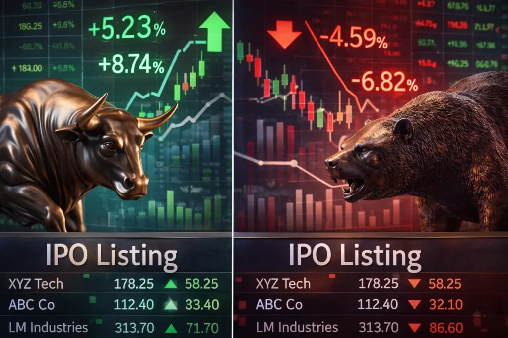 What is IPO Grey Market Premium (GMP)? Complete Guide 2026 | IPOGMPINDIA Split-screen showing bull vs bear market indicators with IPO listing board Image