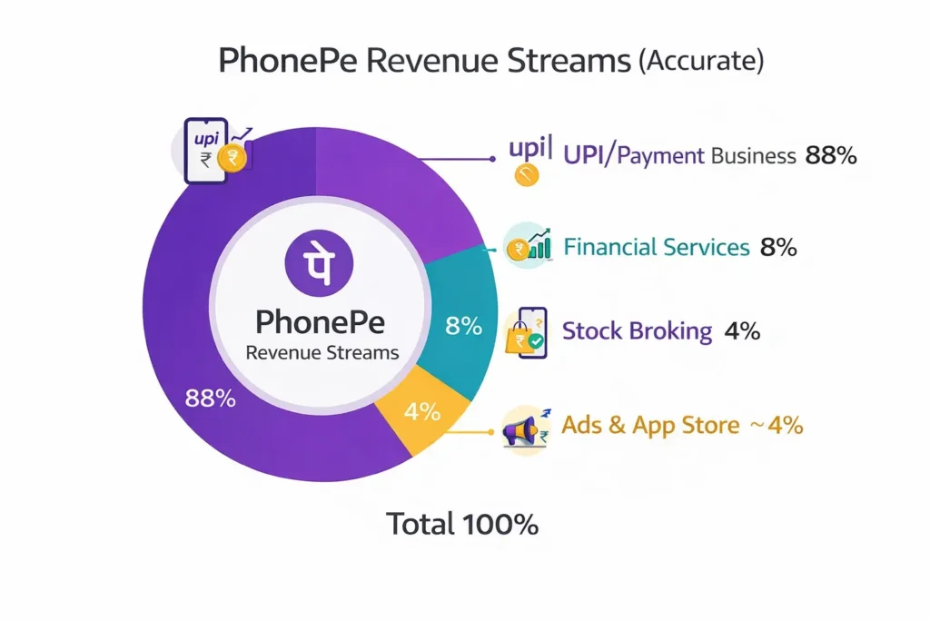 Visual breakdown of PhonePe's revenue streams with percentages