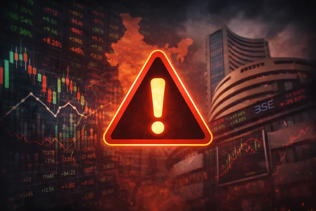 What is IPO Grey Market Premium (GMP)? Complete Guide 2026 | IPOGMPINDIA Warning symbol with Indian stock market backdrop, dramatic lighting Image
