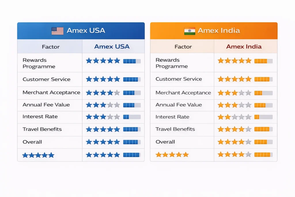 American Express credit card USA vs India comparison rating scorecard 2026