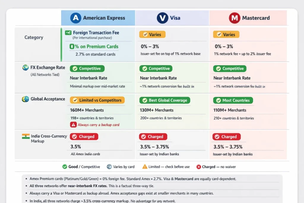 American Express vs Visa vs Mastercard international fees and global acceptance comparison 2026