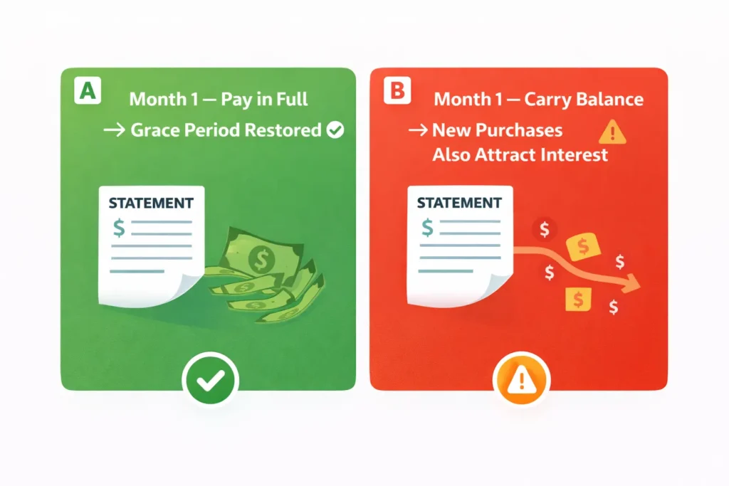 Amex grace period loss carrying balance new purchases interest warning