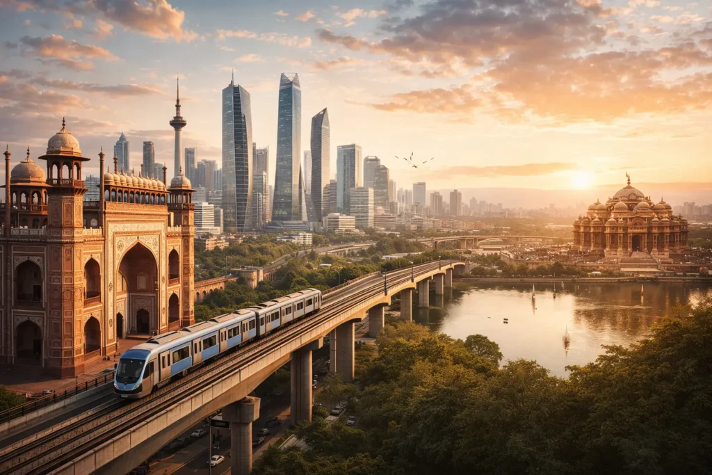 Aspirational image of modern India—skyline featuring both traditional architecture and modern infrastructure, representing growth and heritage balance.