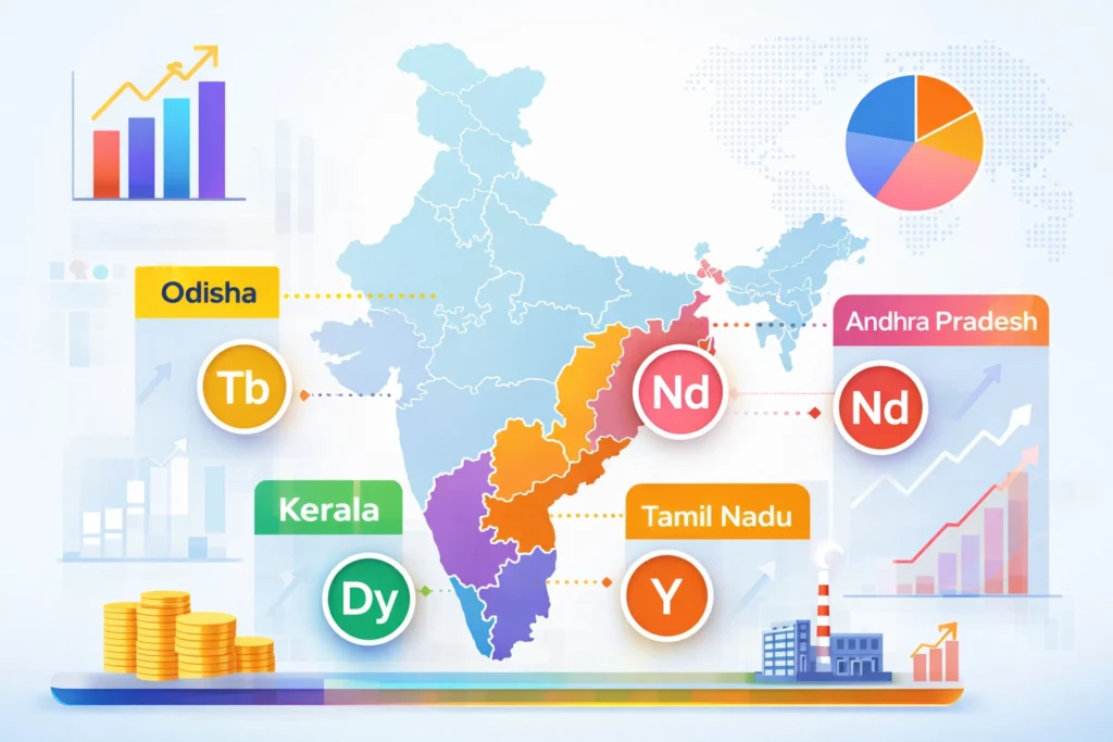 Infographic-style image showing India map highlighting Odisha, Kerala, Andhra Pradesh, and Tamil Nadu with rare earth mineral symbols. 