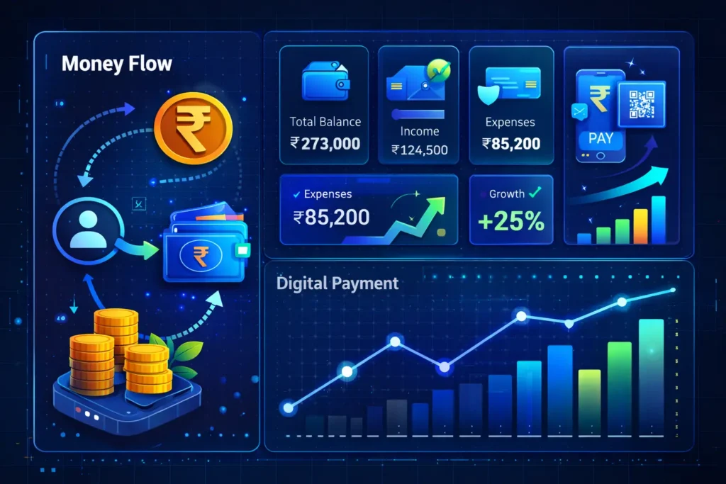 Dashboard-style graphic showing money flow, digital payment icons, and growth metrics. Modern, tech-forward aesthetic.