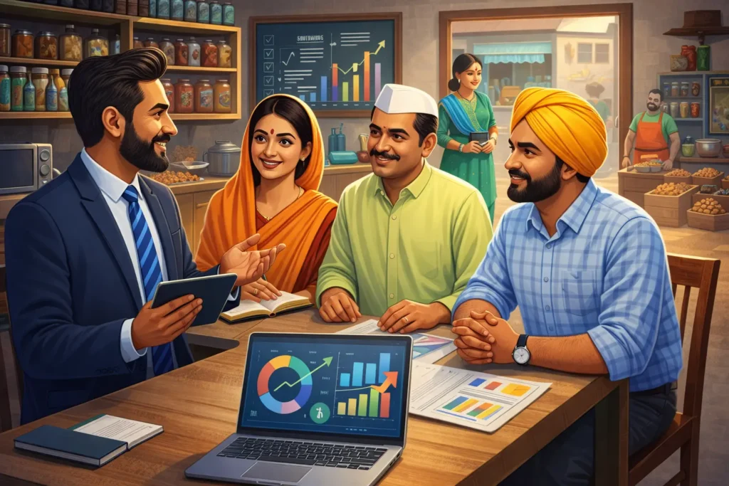 Training session or mentorship scene showing professionals working with small business owners. Emphasize diversity and regional India representation.