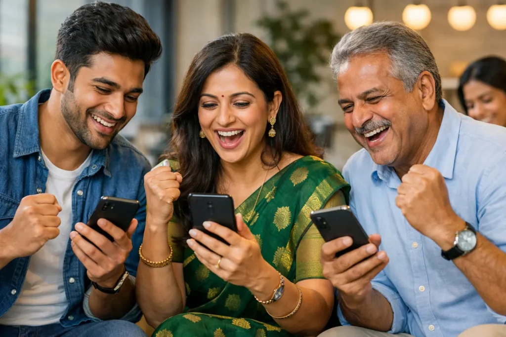 diverse NRIs reviewing investment portfolios on mobile devices expressing excitement and engagement